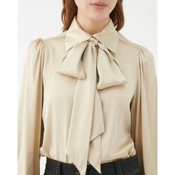 NWOT SEE BY CHLOÉ Tie-Neck Twill Blouse Khaki Size 38/6 Long Sleeves Ruffles - Picture 1 of 13